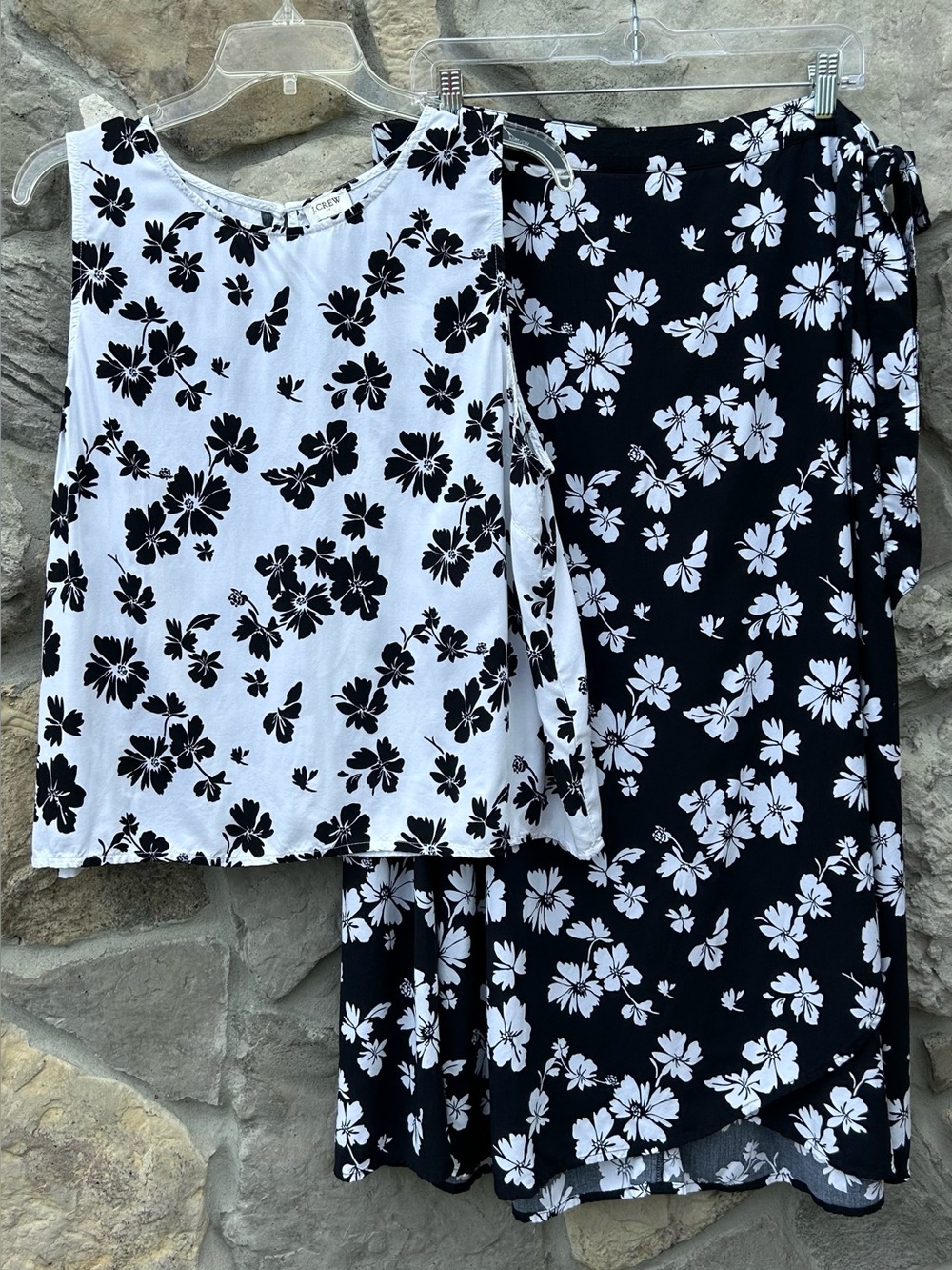 J. Crew Skirt Set Outfit Size XL Black White Floral Preppy Lightweight Casual